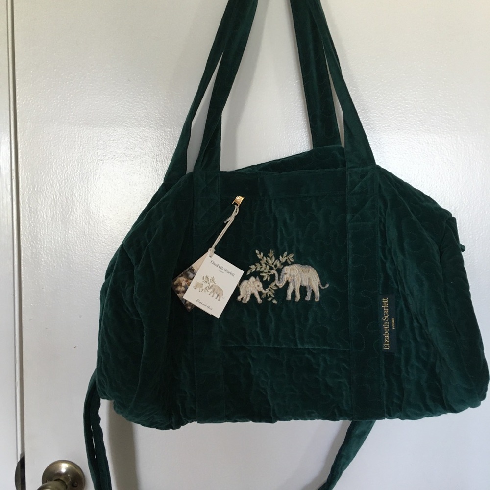 Elizabeth Scarlett London Luxury Green Velvet Overnight Weekend Bag Elephants